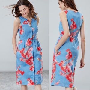 Floral linen sleeveless dress by Joules. Perfect for spring. POMS